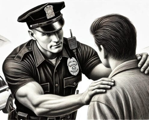 Kindness is a strength. Learn how to show kindness with strength, respect, and confidence. A pencil drawing of a kind officer supporting a citizen.